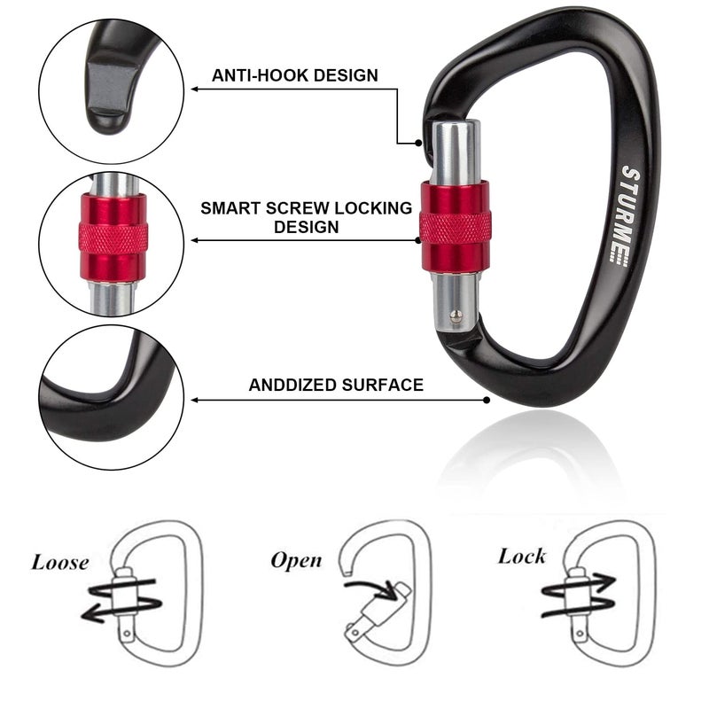STURME UIAA Certified Climbing Carabiner Clips, 2 Pack 25KN(5623lbs) Screwgate Locking Carabiner Heavy Duty Caribeener Clips, Large Carabiner D Ring for Rock Climbing & Mountaineering - Image 3